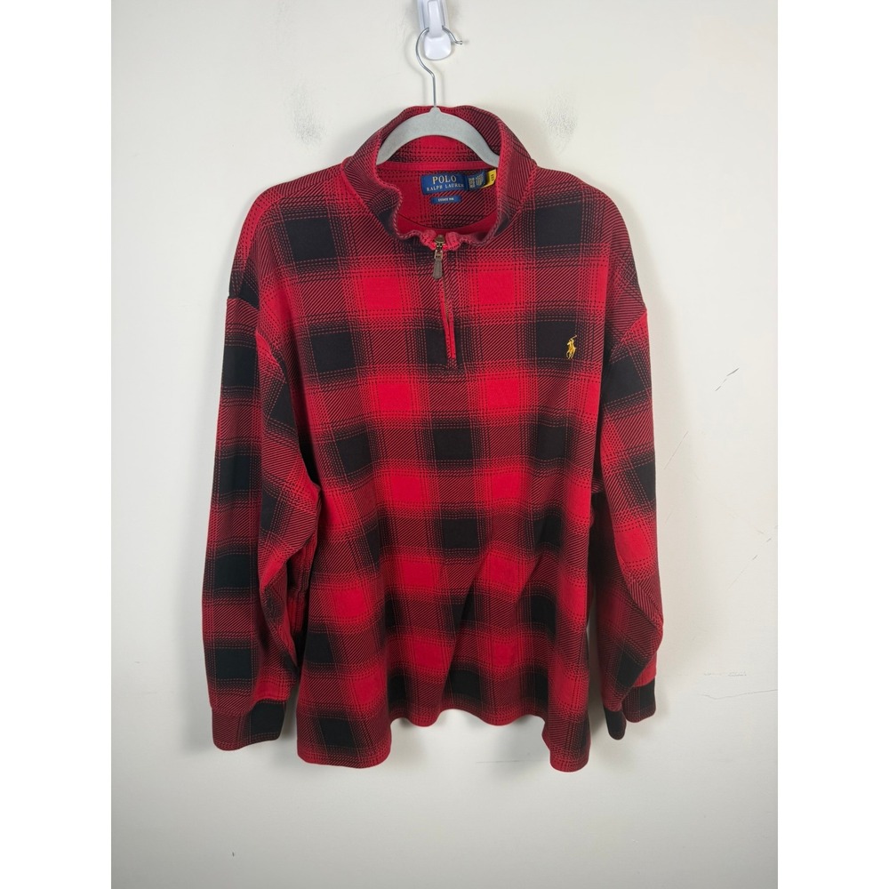 Polo Ralph Lauren Mens 3XB Estate Rib Quarter Zip Pullover Red Black Plaid